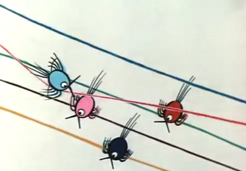 Fugle på en elmast? Næ, noder fra den sovjetiske animationsfilm DoReMi fra 1987. Foto: Skærmbillede fra Youtube.